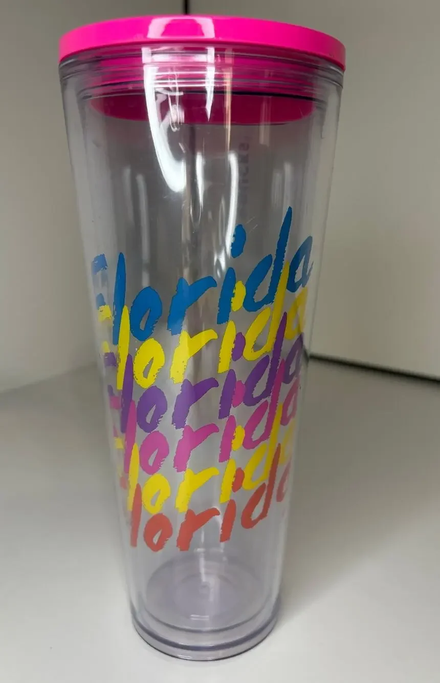 Starbucks Florida Cup Clear Acrylic Neon Pink Cold Tumbler Venti 24 oz NWT 2022